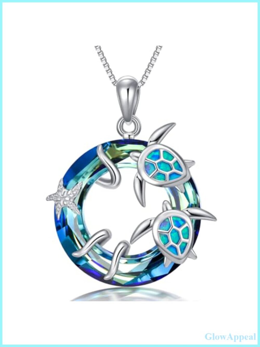 925 Sterling Silver Turtle Pendant Necklace Synthetic Opal Crystal Box Chain